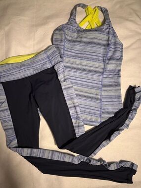 lululemon athletica Blue Striped Tank with dark navy Leggings and Yellow Accents